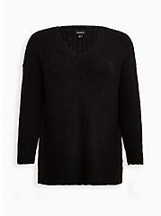 Pullover Slouchy V-Neck Tunic Sweater, BLACK, hi-res