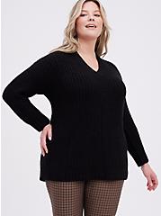 Pullover Slouchy V-Neck Tunic Sweater, BLACK, hi-res