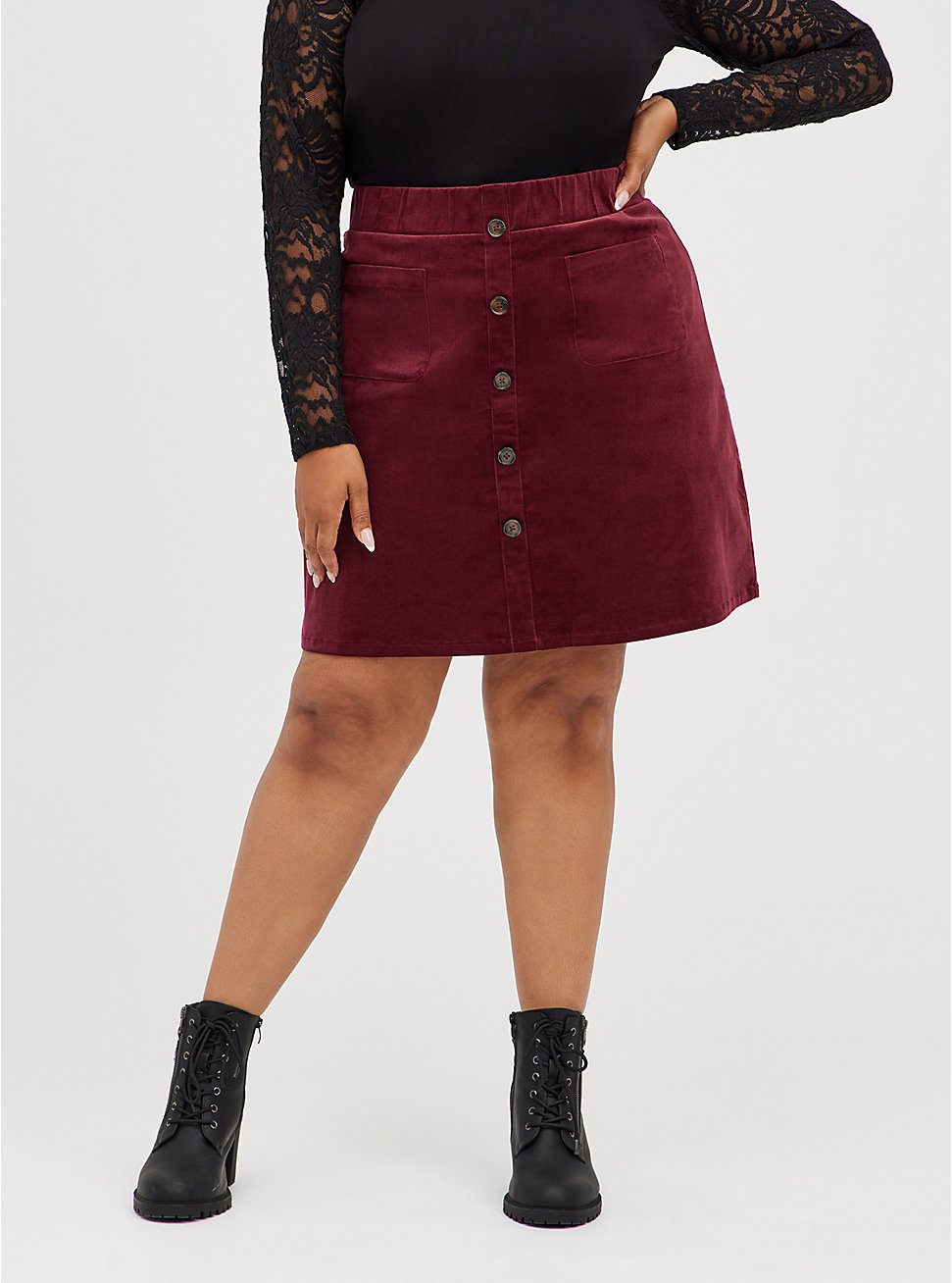 Plus Size Button Front Mini Skirt - Corduroy Burgundy, ZINFANDEL, hi-res