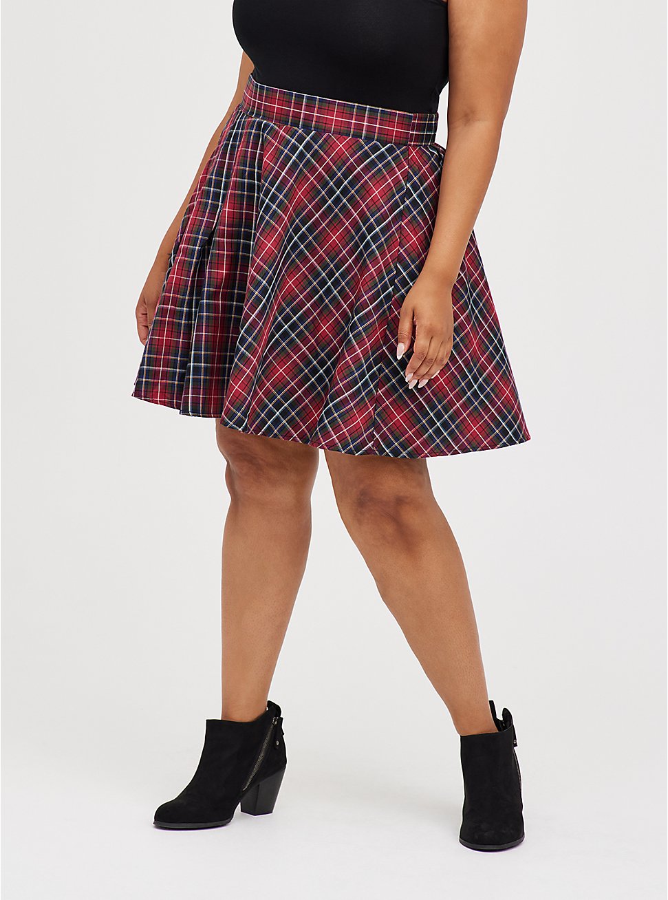 Skater Skirt - Twill Pleated Plaid Red, PLAID - RED, hi-res