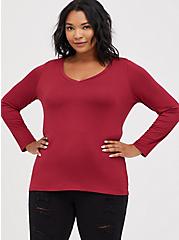 V-Neck Long Sleeve Tee - Super Soft Deep Red , RUMBA RED, hi-res