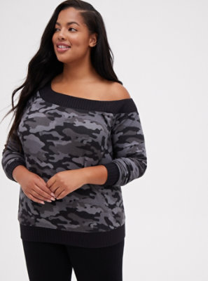 off the shoulder camo sweatshirt