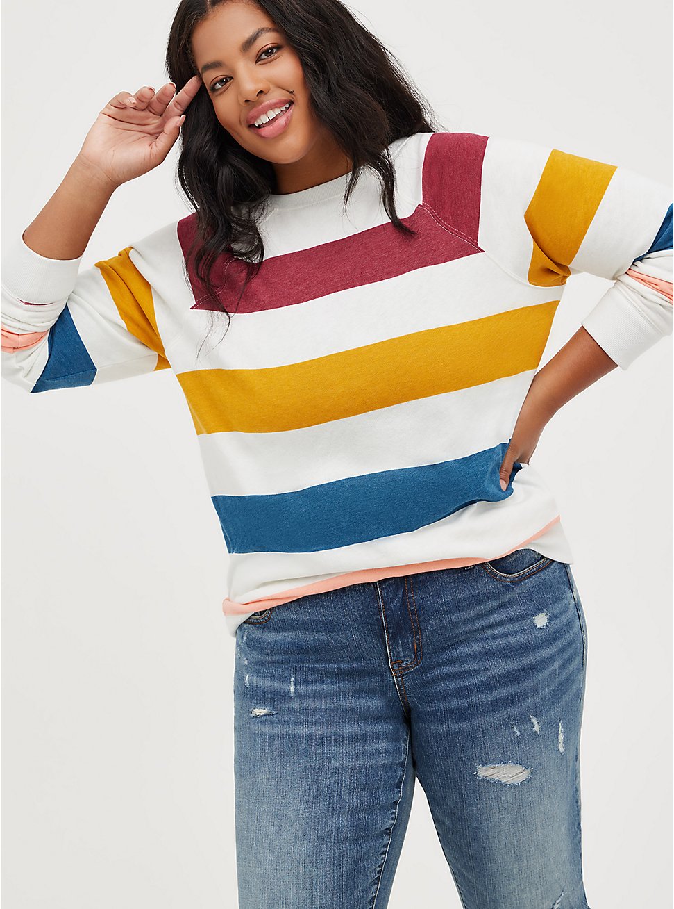 Plus Size Raglan Sweatshirt -  Cozy Fleece Multi Stripe, OTHER PRINTS, hi-res