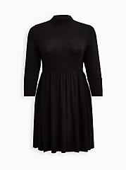 Plus Size Mock Neck Skater Dress - Super Soft Black , DEEP BLACK, hi-res