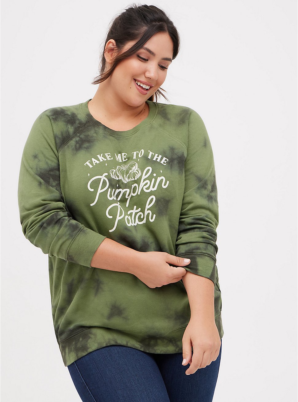 Plus Size Sweatshirt - Cozy Fleece Pumpkin Patch Tie Dye Green, GREEN, hi-res