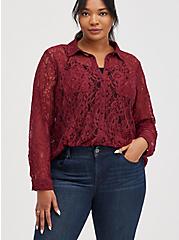 Plus Size Madison Button Front Blouse - Sheer Lace Wine, , hi-res