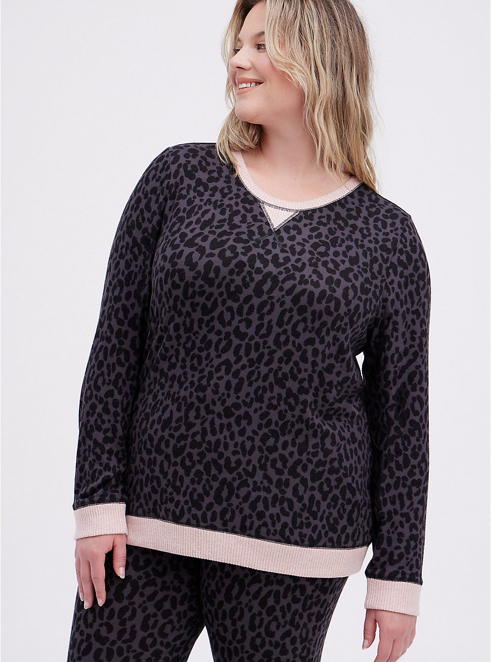 Plus Size Sleep Sweatshirt - Super Soft Plush Leopard Black, MULTI, hi-res