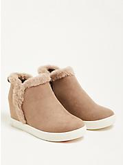 Fur Trim Sneaker Wedge - Faux Suede Taupe (WW), TAUPE, hi-res