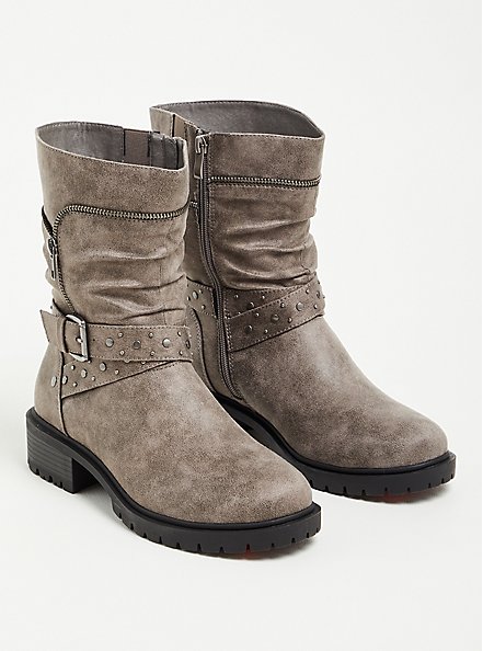Studded Moto Boot - Faux Leather Grey (WW), GREY, hi-res