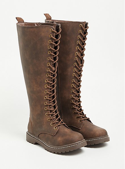 Combat Knee Boot - Faux Leather Brown (WW), BROWN, hi-res