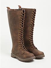 Plus Size Combat Knee Boot - Faux Leather Brown (WW), BROWN, hi-res