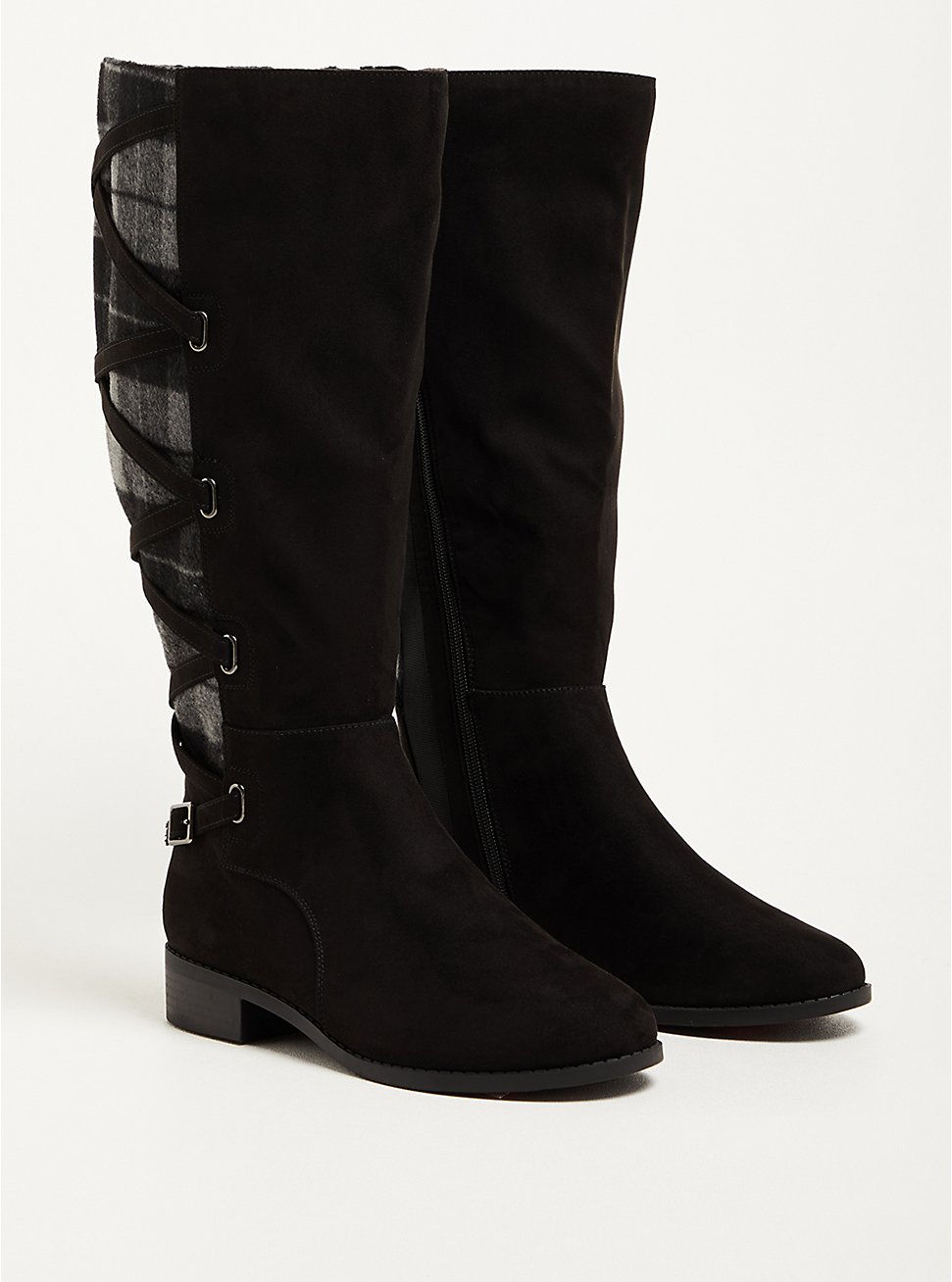 Plus Size Corset Knee Boot - Faux Suede Plaid Black (WW), BLACK, hi-res