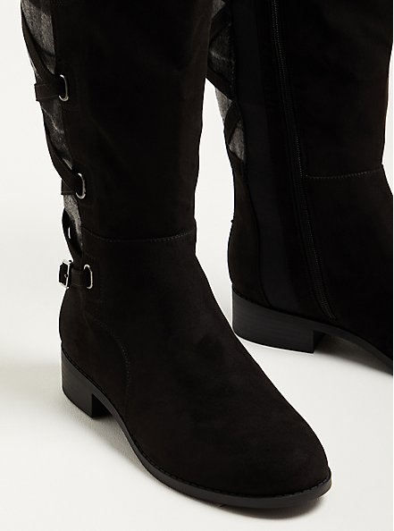 Corset Knee Boot - Faux Suede Plaid Black (WW), BLACK, alternate