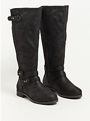 Strappy Knee Boot - Black Faux Oil Suede (WW), BLACK, hi-res