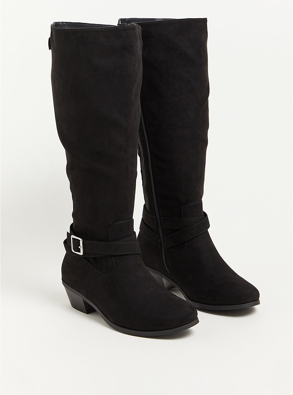Buckle Detail Knee Boot - Faux Suede Black (WW), BLACK, hi-res