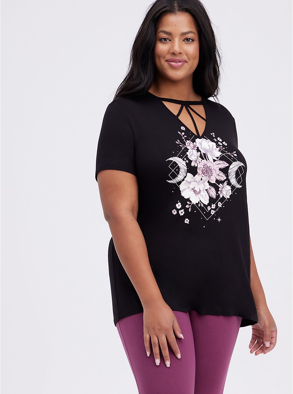 Plus Size Classic Fit Strappy Tee - Floral Moon Black, DEEP BLACK, hi-res