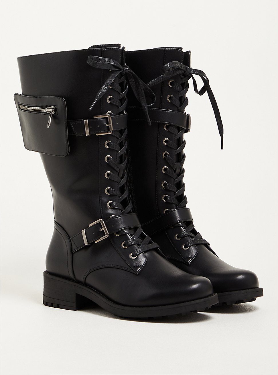 Plus Size Combat Boot - Faux Leather Black (WW), BLACK, hi-res