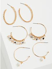 Plus Size Beaded & Pearl Hoop Earring Set of 3 - Gold Tone , , hi-res