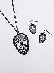 Filigree Skull Necklace & Earring Set - Hematite Tone, , alternate