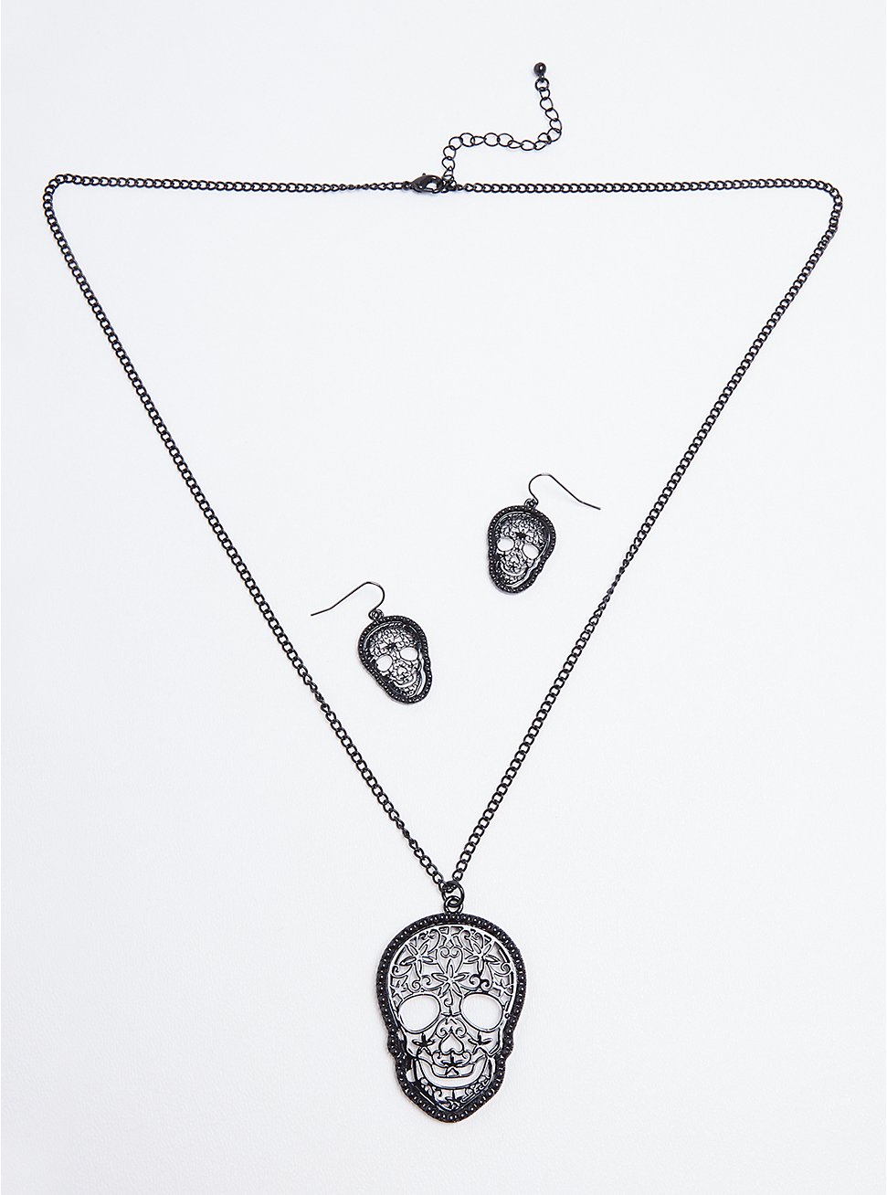 Filigree Skull Necklace & Earring Set - Hematite Tone, , hi-res