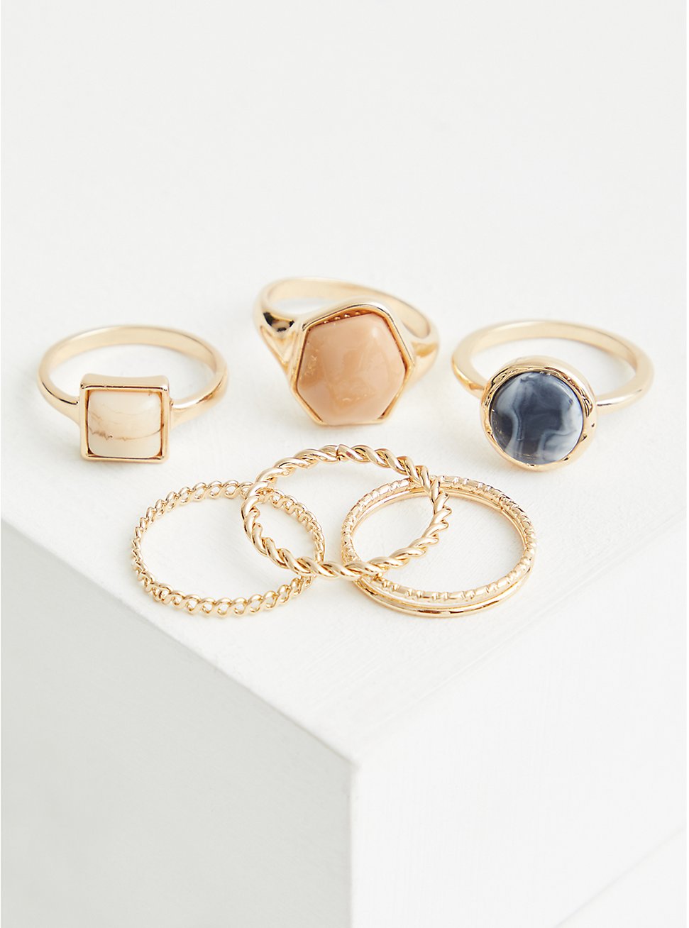 Blue & Faux Natural Stone Ring Set of 6 - Gold Tone , MULTI, hi-res