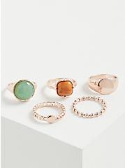 Plus Size Mint & Rose Stone Ring Set of 5 - Gold Tone , GOLD, alternate