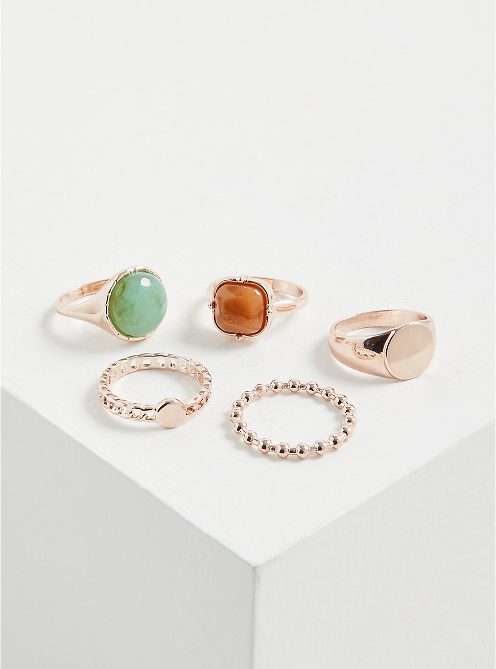 Plus Size Mint & Rose Stone Ring Set of 5 - Gold Tone , GOLD, hi-res