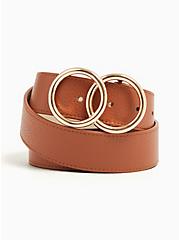 Plus Size Dual Ring Buckle Belt - Faux Leather Cognac, BROWN, alternate