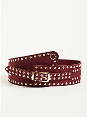 Plus Size Studded Stretch Waist Belt with Buckle - Wine Faux Suede, PURPLE, hi-res