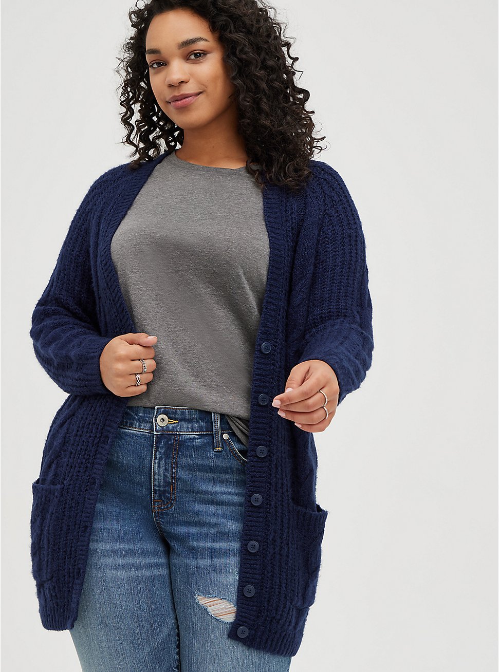 Button Front Cardigan - Outlander Cable, PEACOAT, hi-res