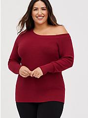 Off Shoulder Sweater - Red , RUMBA RED, hi-res