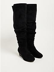 Ruched Wedge Over The Knee Boot - Faux Suede Black, BLACK, alternate