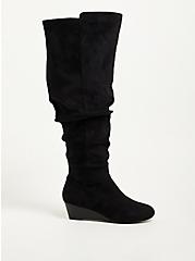 Ruched Wedge Over The Knee Boot - Faux Suede Black, BLACK, hi-res