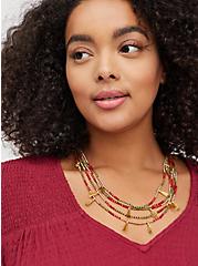 Plus Size Multilayered Beaded Necklace with Tassels - Burgundy & Olive , , hi-res