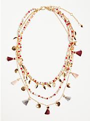 Plus Size Tassel Layered Necklace - Gold Tone, Blush & Wine, , hi-res