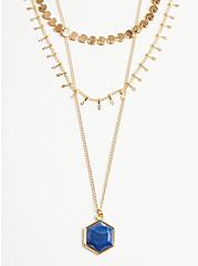 Plus Size Disk Layered Necklace - Gold Tone & Navy Blue , , alternate