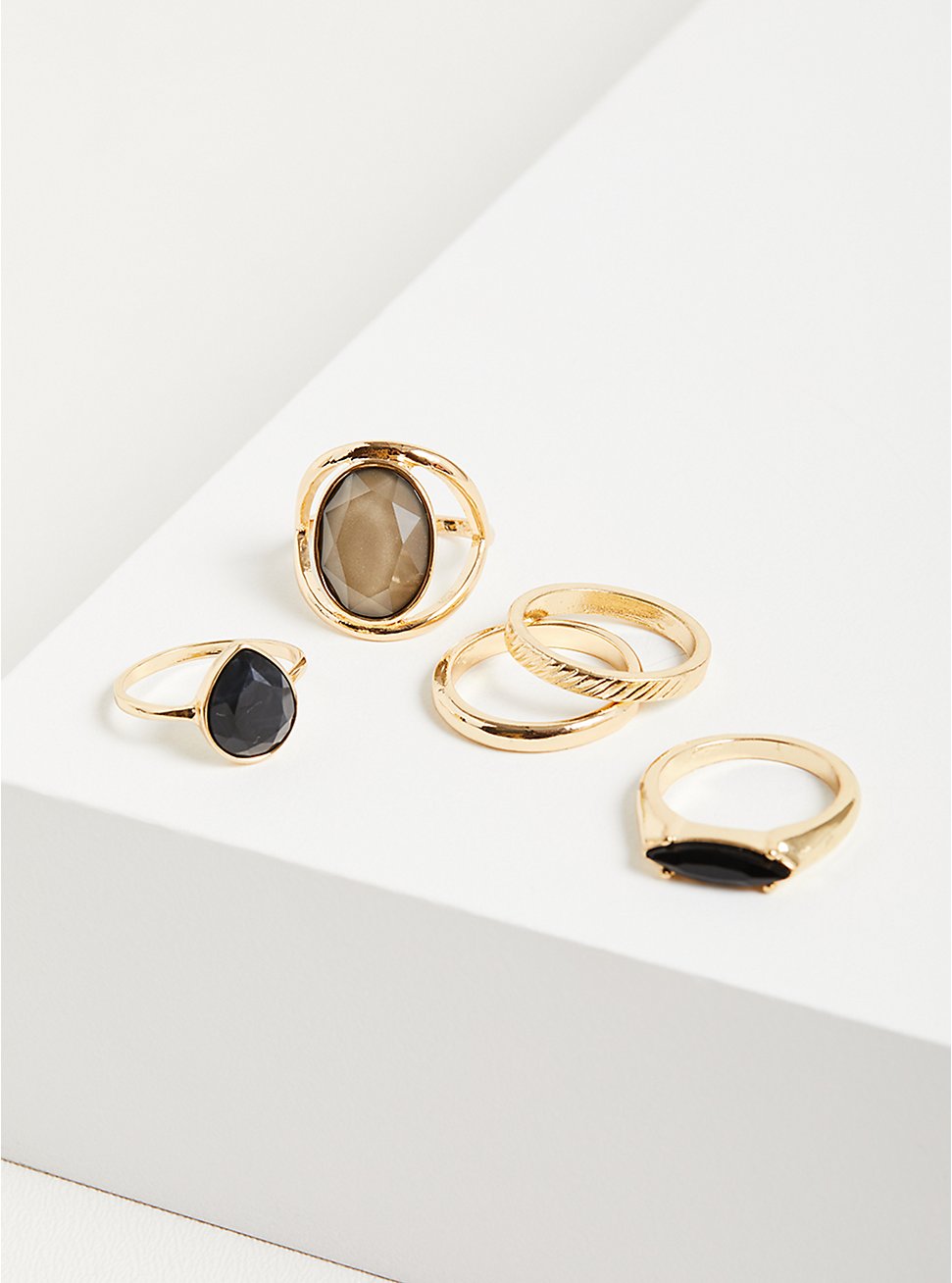 Cocktail Ring Set of 4 - Gold Tone & Grey Stone, GOLD, hi-res