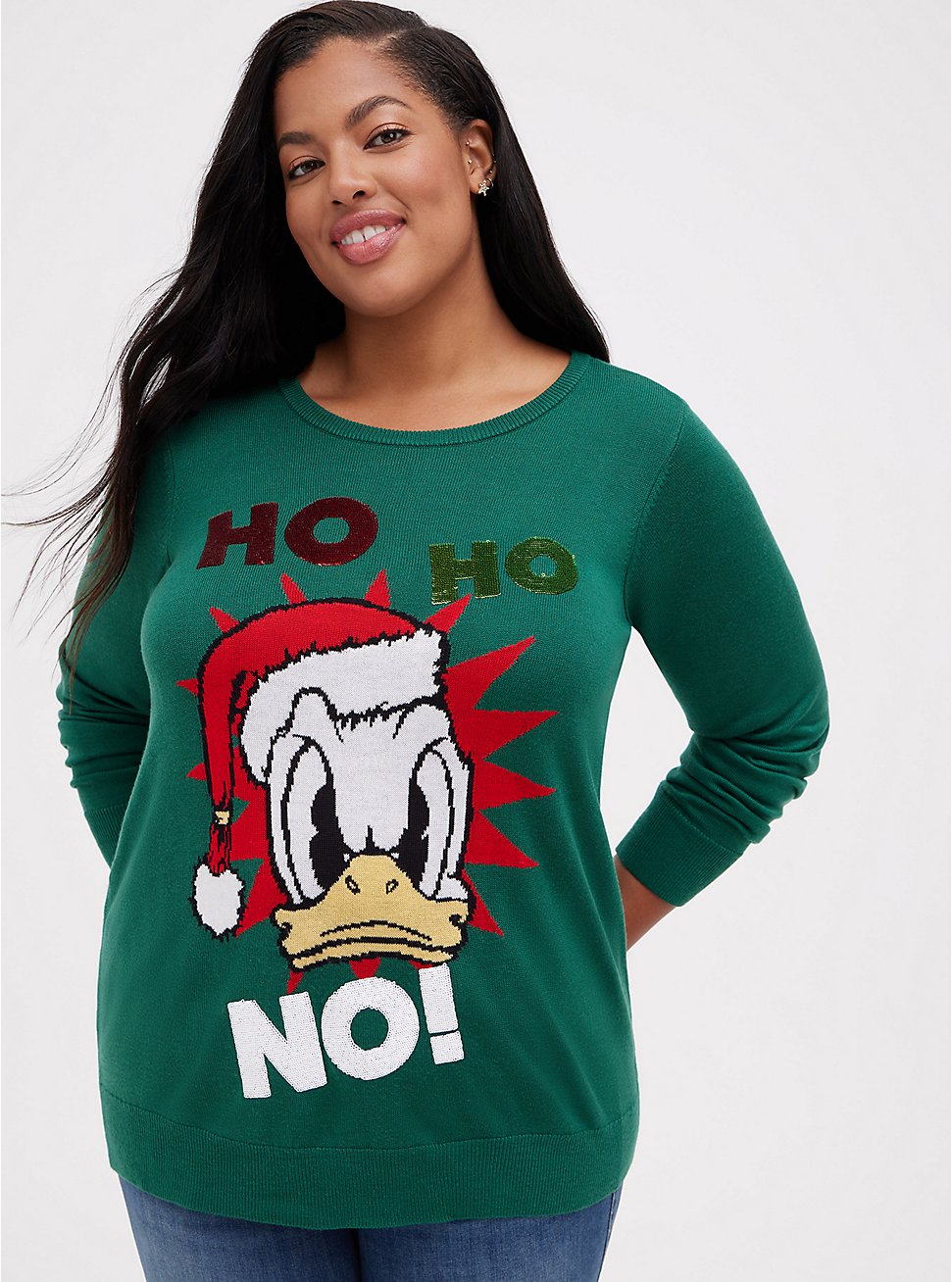 Plus Size Embellished Sweater - Disney Mickey & Friends Donald Duck Ho Ho No Green, EVERGREEN, hi-res