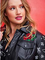 Betsey Johnson Embroidered Trucker Jacket - Faux Leather, DEEP BLACK, alternate