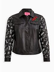 Betsey Johnson Embroidered Trucker Jacket - Faux Leather, DEEP BLACK, hi-res