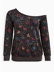 Plus Size Off-Shoulder Active Sweatshirt - Everyday Fleece Rainbow Skull Leopard Grey, SKULL - BLACK, hi-res