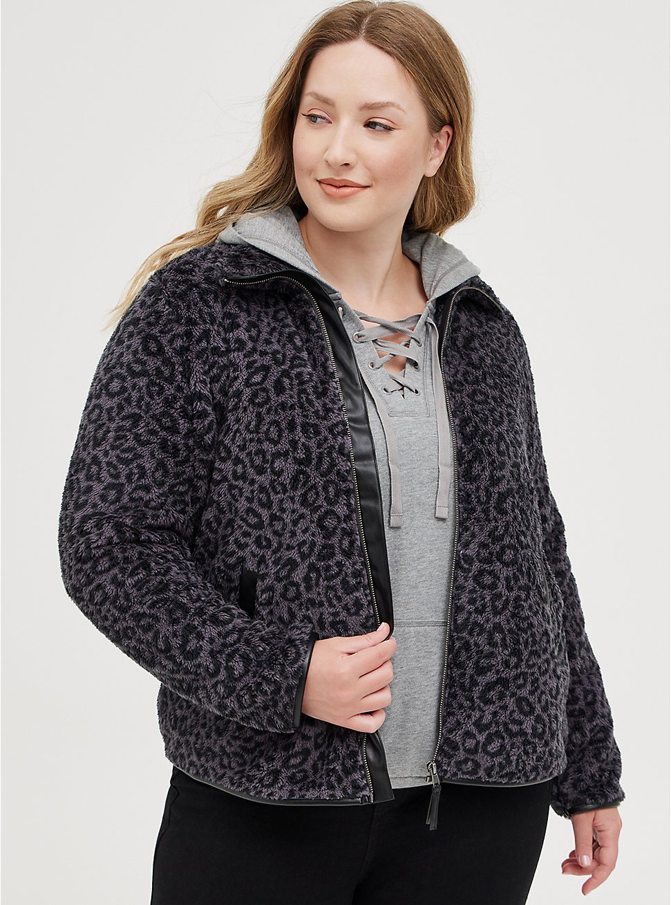 Plus Size - Zip Front Jacket - Faux Shearling Leopard Print Grey - Torrid