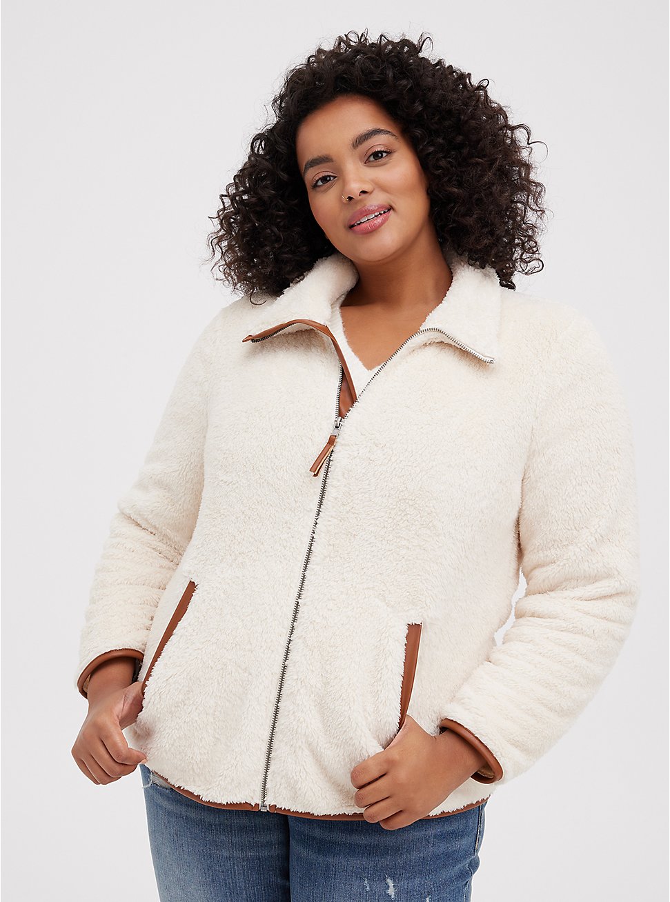 Zip Front Jacket - Faux Shearling Contrast Trim Ivory, BIRCH, hi-res