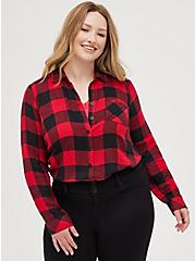 Plus Size Button Down Shirt - Brushed Rayon Plaid Red, PLAID - RED, alternate