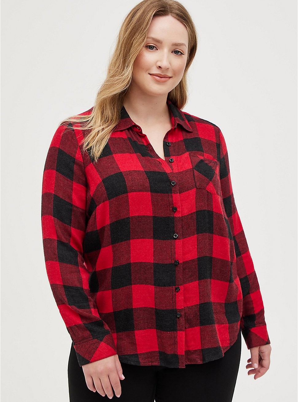 Plus Size Button Down Shirt - Brushed Rayon Plaid Red, PLAID - RED, hi-res