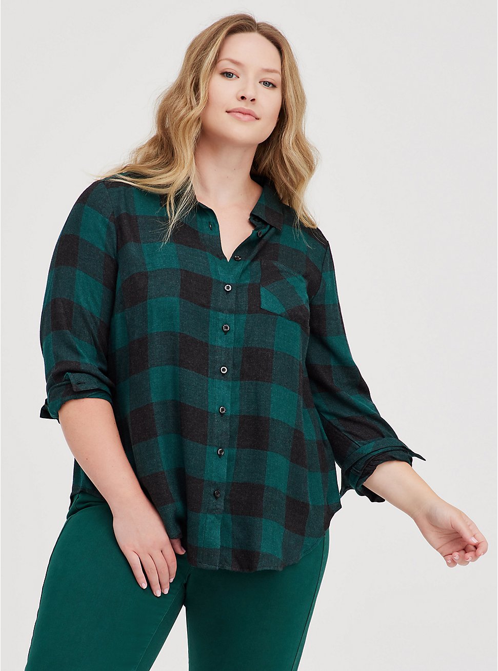 Plus Size Pocket Shirt - Brushed Rayon Green Plaid, PLAID - GREEN, hi-res