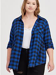 Plus Size Button Down Shirt - Brushed Rayon Plaid Blue, PLAID - NAVY, hi-res