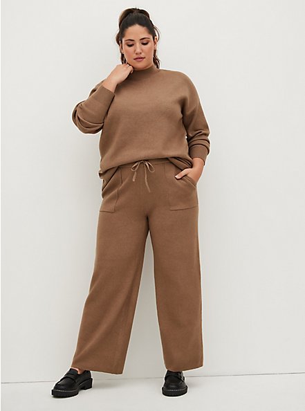 Pull-On Wide Leg Luxe Cozy Fleece Mid-Rise Pant, CARIBOU, alternate