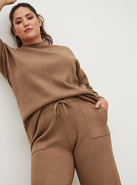 Pull-On Wide Leg Luxe Cozy Fleece Mid-Rise Pant, CARIBOU, hi-res