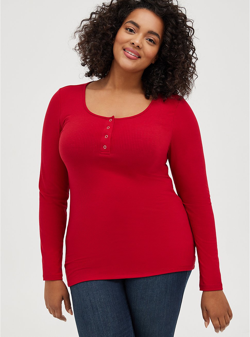 Plus Size Ribbed Henley Tee - Red, RED, hi-res